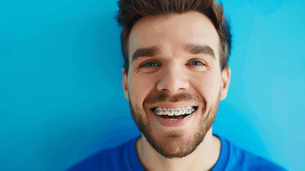 Un joven sonriendo con brackets de la clinica Carolina Mendez en Vilagarcia de Arousa